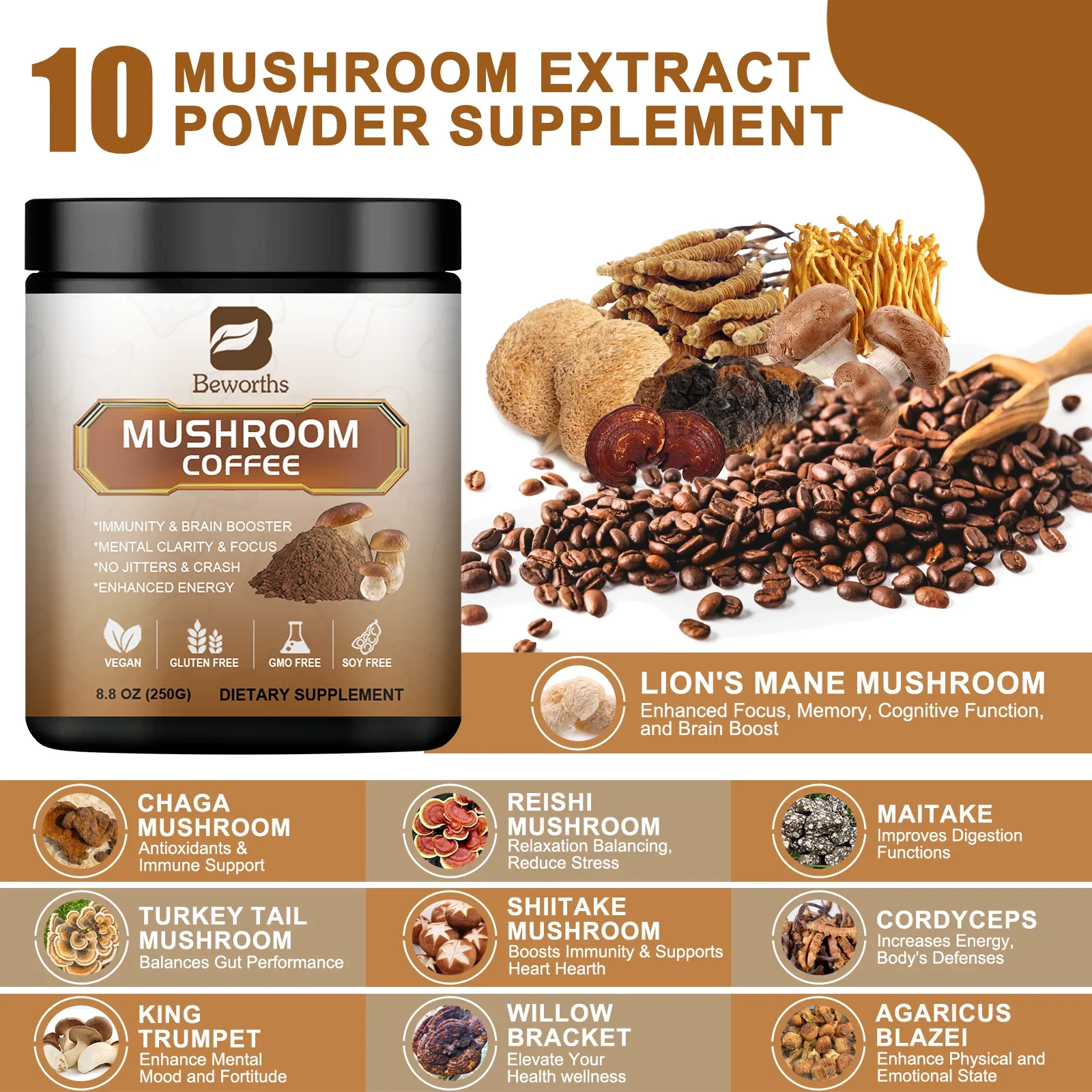 Lion's Mane Mushroom Coffee Supplement with Reishi,Cordyceps&Turkey Tail-Energy,Mental Clarity&Focus,Brain Booster