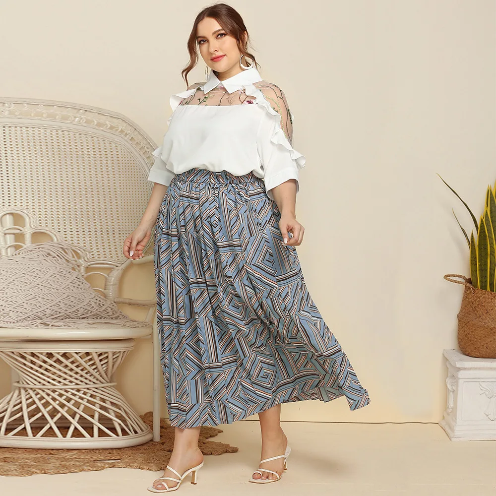 Plus Size Long Dress Women\'s Geometric Print Pleated Skirt Spring and Autumn New Soft Fashion Loose Skirt For Female