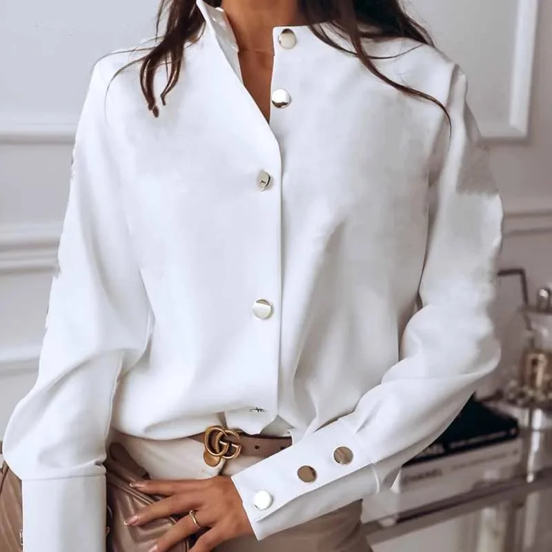 2024 Fashion Long Sleeve Stand Collar Women Shirt Office Lady Elegant Loose Blouses Autumn Casual Tops