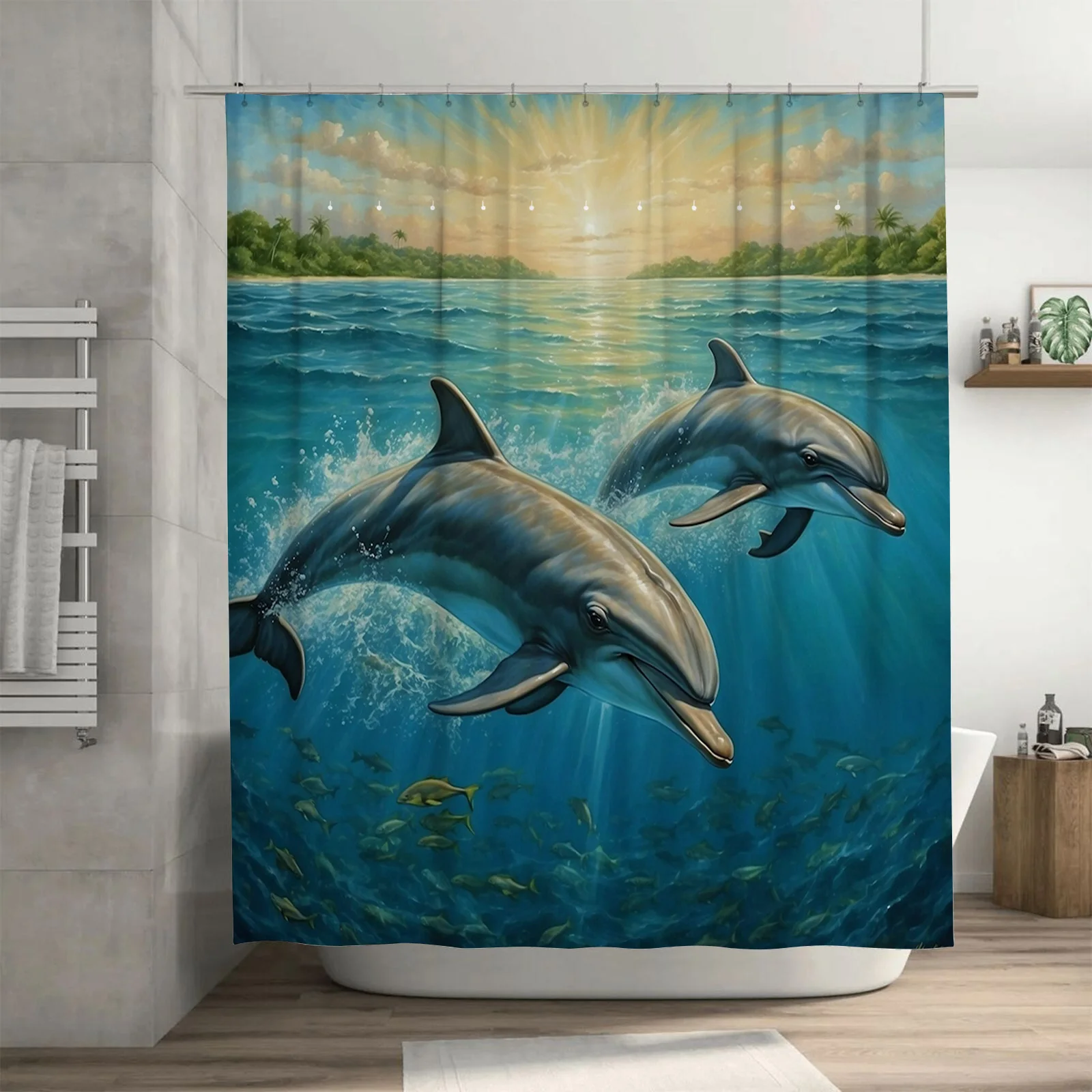 

Яркий стручок дельфина в океанском закате — потрясающий 3D-дизайн Sea Life, водонепроницаемый уникальный набор декора для ванной комнаты