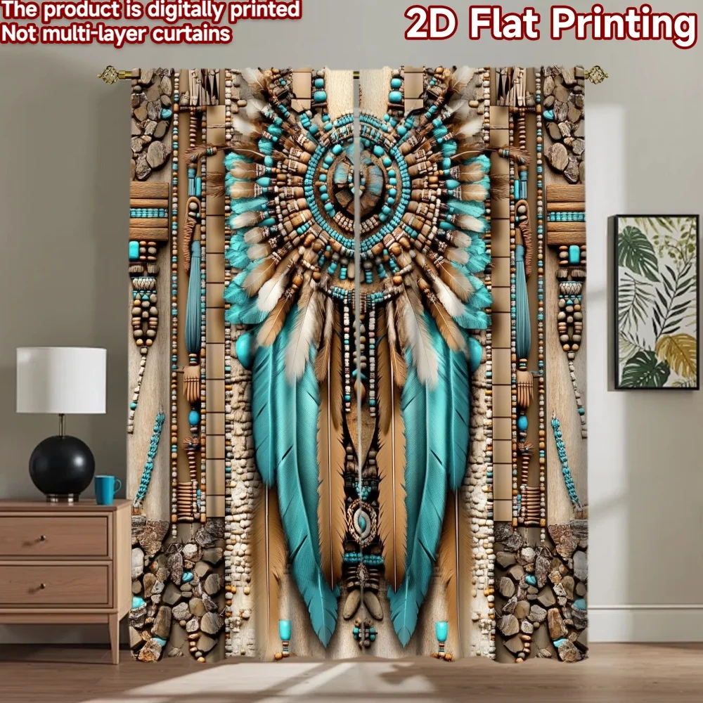 2D flat 2pcs Curtain Country Style Turquoise Feather Dreamcatcher Digitally printed polyester, colorfast Family Party Decoration