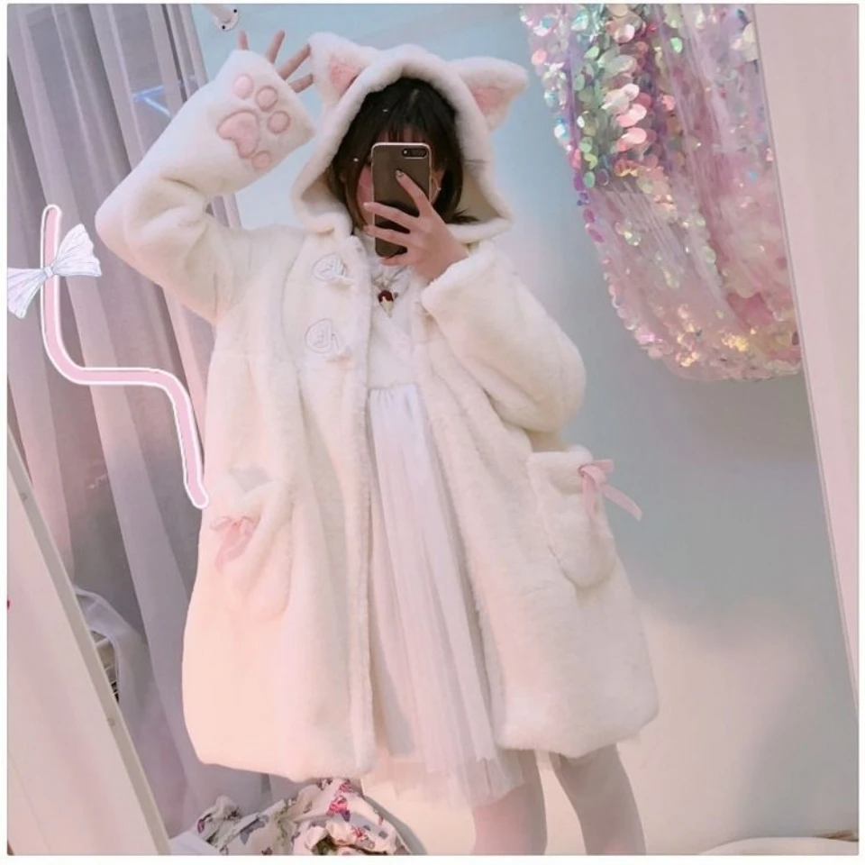 Autumn Winter Japanese Girly Sweet Lolita Faux Fur Coats Women Warm Plush Cartoon Anime Cat Ears Hooded Furry Jackets Outwear