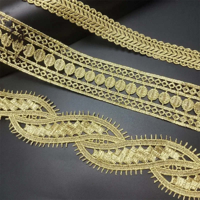 Golden Embroidered Flower Lace Ribbons, Fabric Trim, DIY Sewing, Handmade Craft Materials, 1 Yards