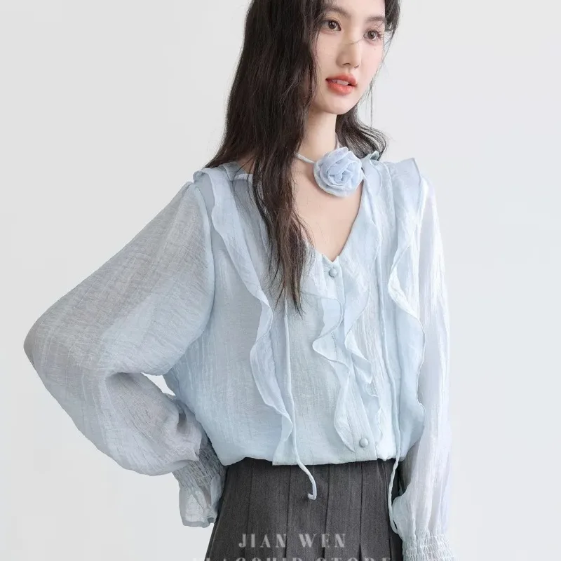 

Women's Light Blue Sheer Chiffon Ruffled V-Neck Long-Sleeve Loose Casual Blouse