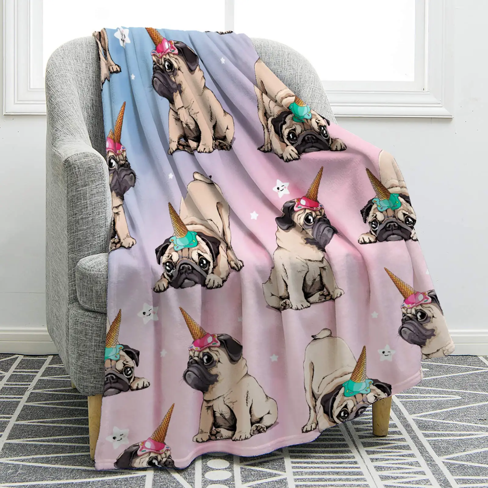 Funny Pug Dog Blanket Cartoon Smooth Soft Print Throw Blanket for Sofa Chair Bed Office Travelling Camping for Birthday Gifts