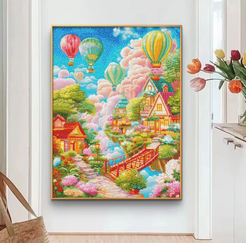 9CT 75X100CM Needlework,DIY Living Room Printed Cross Stitch,Set For Embroidery Kit Cotton Threads Hot Air Balloon Wonderland