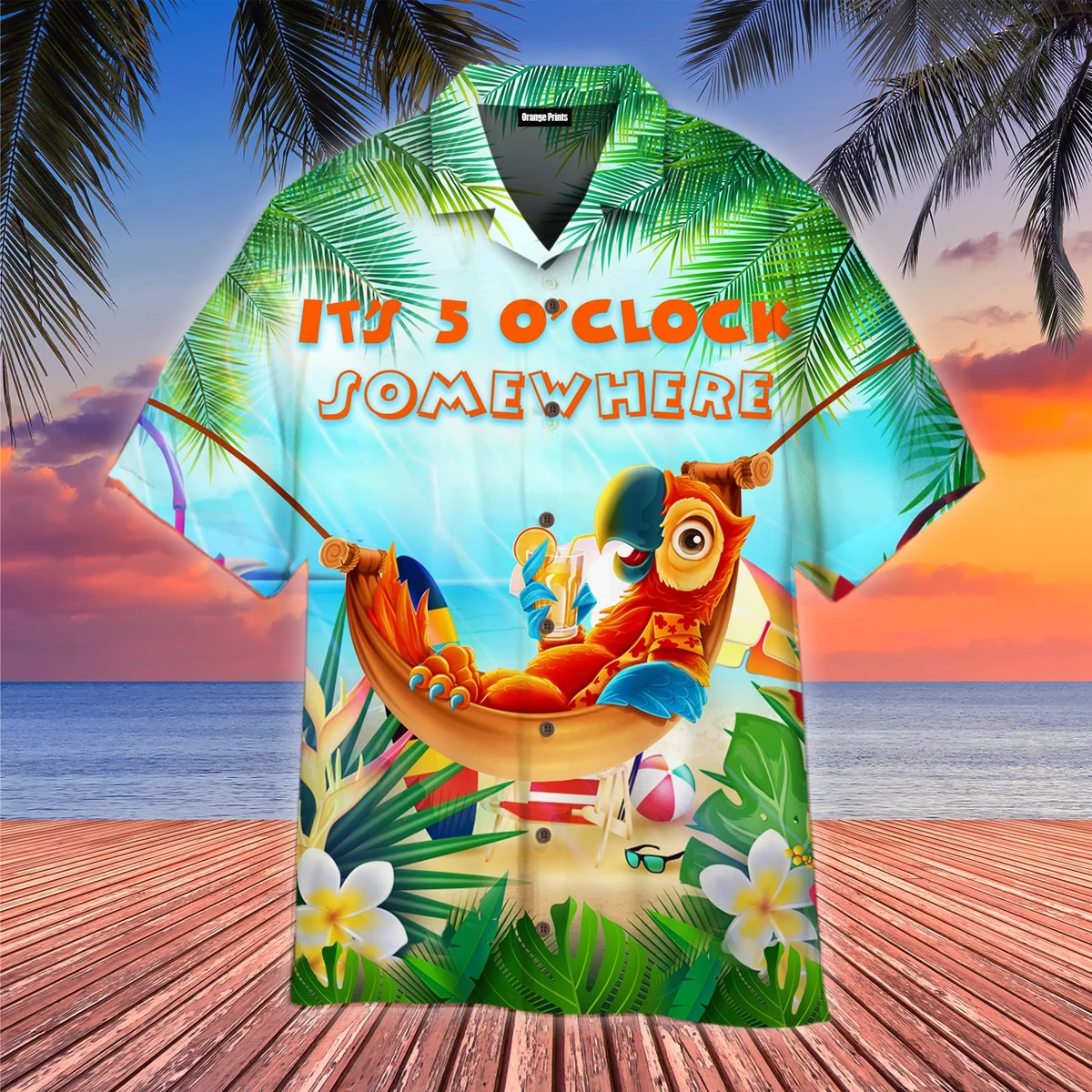 Hawaiian Shirts for Men Beach Seas Parrot Cartoon Print Shirts Beach Short Sleeve Summer Casual Button Up Hawaii Shirts