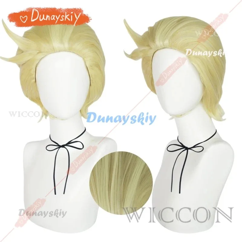

Front Lace Anime Men Short Blond Hair 28cm Lucifer Charlie Morningstar Cosplay Free Wig Cap