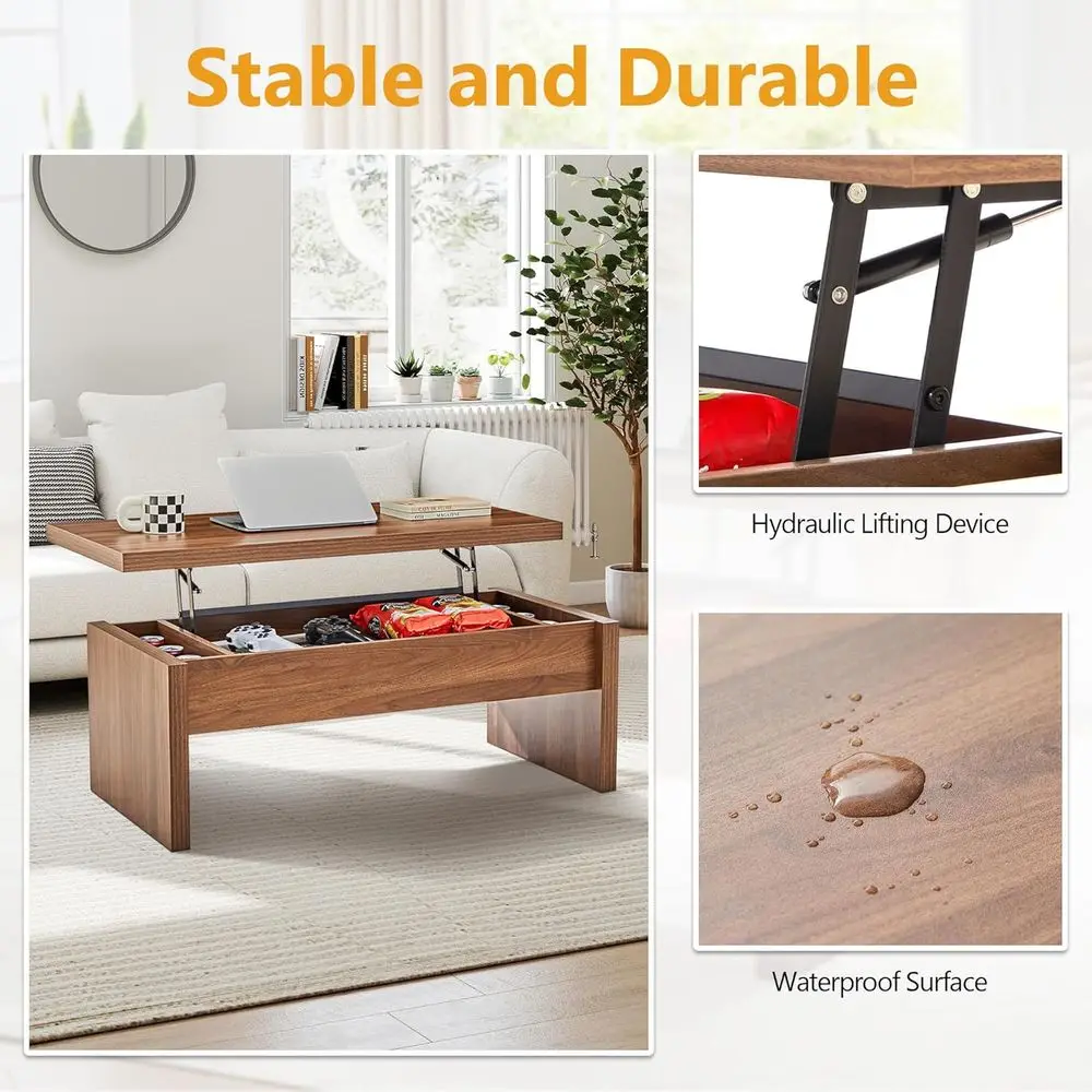 Mid-Century Rectangular Lift-Top Coffee Table with Storage, Walnut Finish for Compact Spaces
