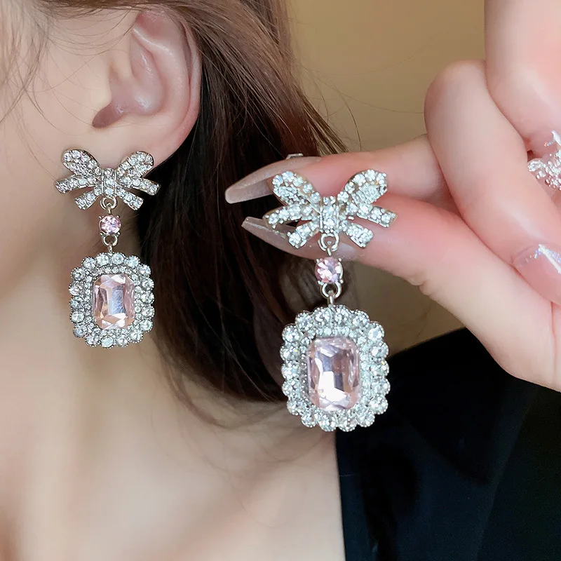 

Exquisite Classic Square Pink Rhinestone Zircon Necklace Women's Bow Earrings Wedding Bridal Jewelry Set Accessories