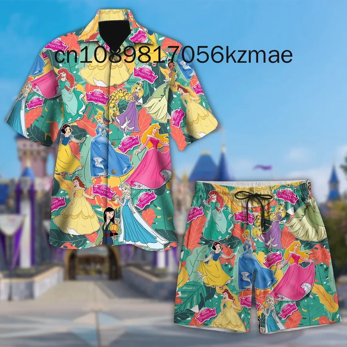 Set kemeja Disney Putri Pria Wanita Hawaii, Set 2 kancing Vintage dan celana pendek kasual 2024