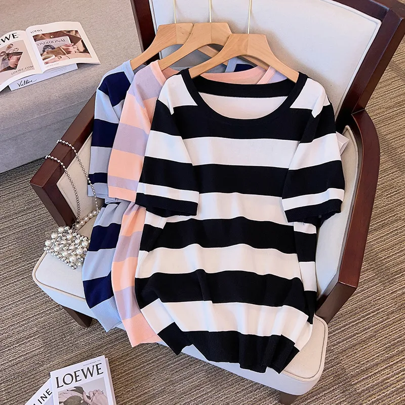 

170Kg Large Size Women's Bust 160 Summer Loose Short-Sleeved Striped Ice Silk T-Shirt Black pink 5xl 6XL 7XL 8XL 9XL 10XL