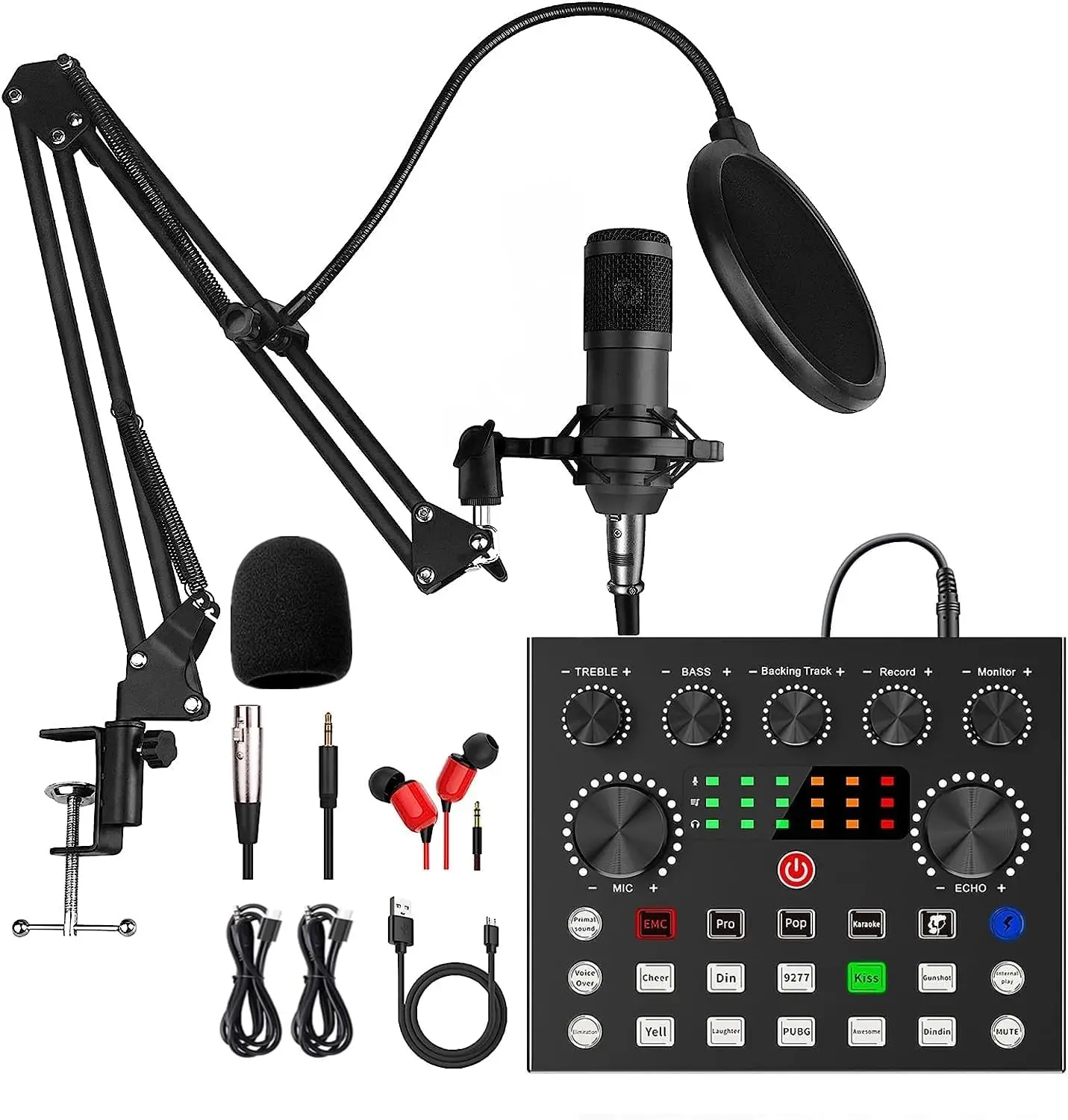 Sound Card BM800 Microphone Kits Shock Mount and Pop Filter for Studio Recording，Suspension Scissor Arm