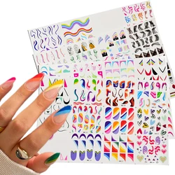 French Tips Nail Stickers Rainbow French Style Sliders Decals Geometric Lines Swirls Ribbon Nail Art Transfer Water Decals Decor