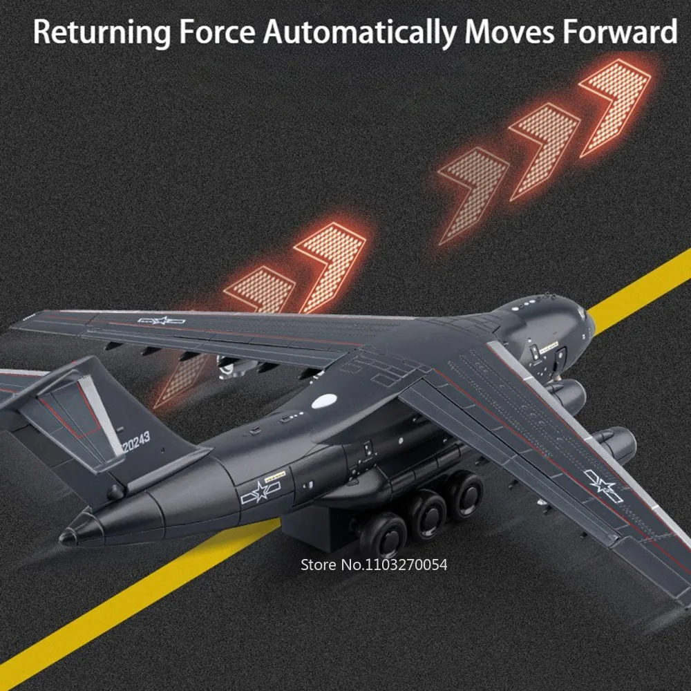 1:180 liga Y-20 modelos de aeronaves de transporte brinquedos carro fundido com luz sonora puxar para trás cabine aberta avião colecionáveis presentes para meninos