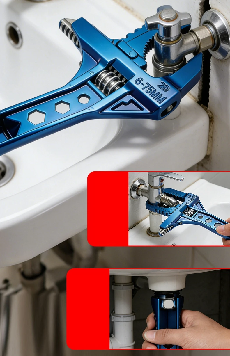 Multifunktionaler Metall-Badezimmer-Schraubenschlüssel mit Großer Öffnung, Ergonomischem Design, Verstellbarer Universal-Rohrzange zur Mutternentfernung – Detail 4