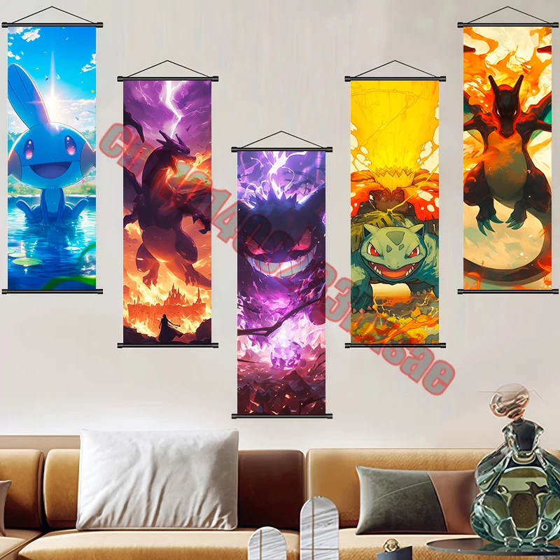 

Classic Cartoon Anime Pokemon Gengar, Charizard, Bulbasaur Art Scroll Painting Suitable for Bedroom Living Room Decoration Gift