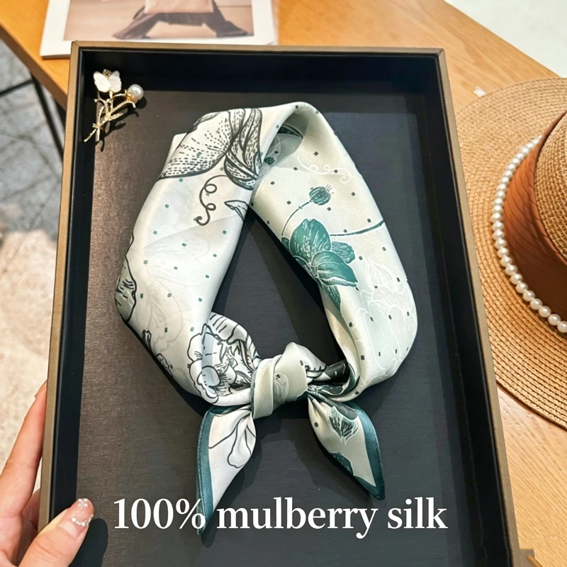 

100% Mulberry Silk Square Scarf Sage Sketch Floral Bandana Hijab Stylish Bag Accessory Neck Wrap Nice Gift for Girlfriend Women