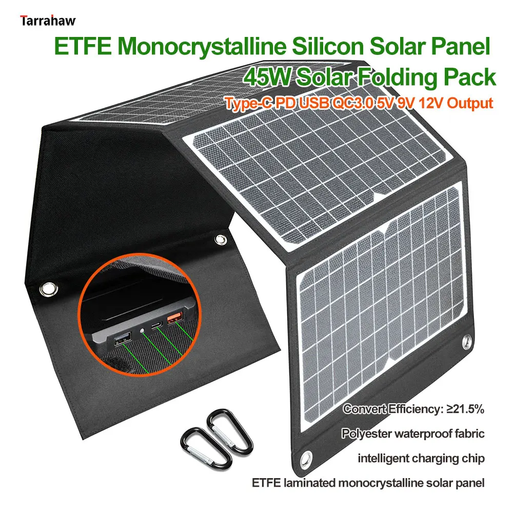 ETFE Solar Panel Folding Pack 45W Solar Cells Type-c PD USB QC3.0 Fast Charge Portable Solar Power Bank Outdoor Power Generation