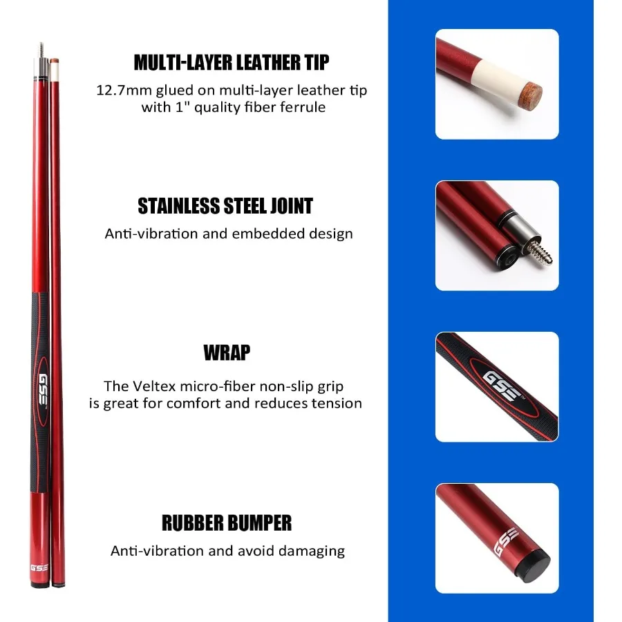 GSE Games Sports Expert 58 2 قطعة من أعواد البلياردو المركبة المصنوعة من الألياف الزجاجية والجرافيت مع خيارات ألوان متعددة ووزن #2