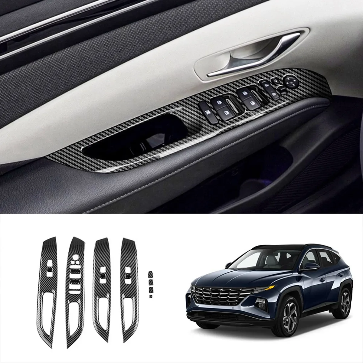 

X-T Car Carbon Fiber Window Glass Lift Button Switch Cover Trim Door Armrest Panel for Hyundai Tucson 2022 2023 US Version