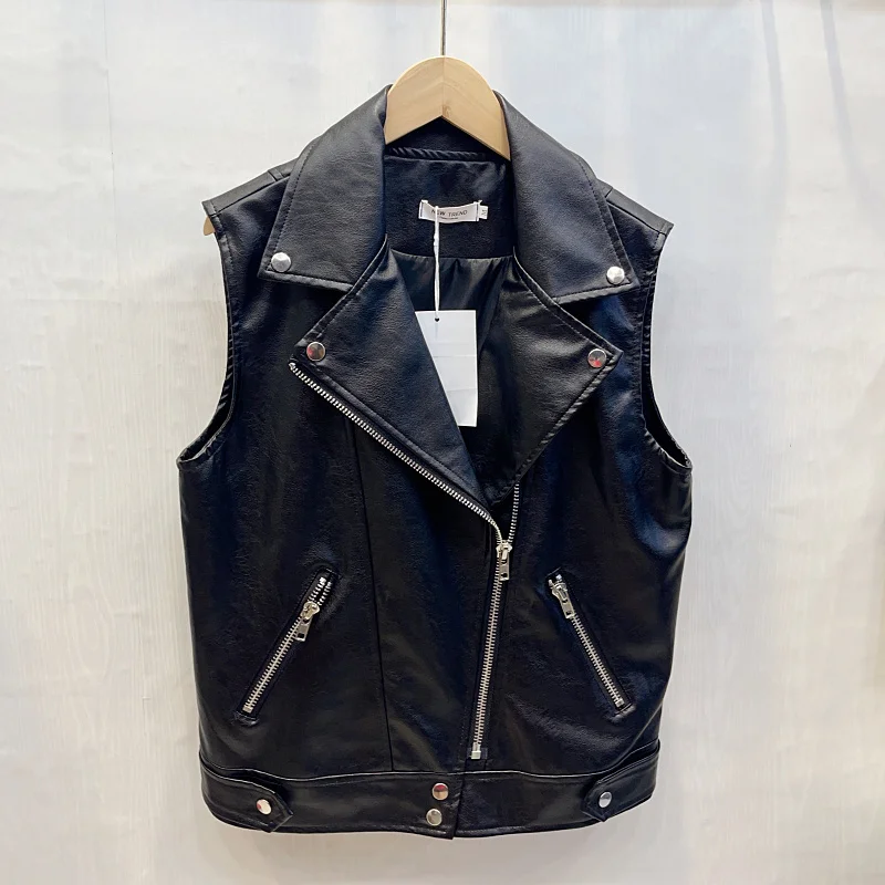 Spring Fall Women Black Slim Short Faux Leather Vest Streetwear Fashion Lapel Sleeveless Fake Leather Waistcoat PU Biker Jacket