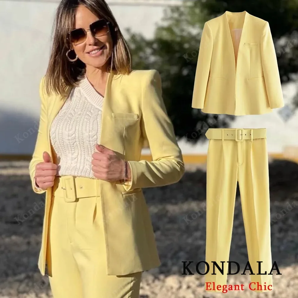 

KONDALA женский желтый пиджак с маслом, брюки, костюм с v-образным вырезом, пиджак или брюки с поясом, новая мода, весна-осень 2025 года, пригородный обеденный комплект