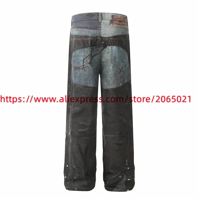 Retro distressed patchwork printed belt Pants Jeans For Men Women Black Washed Joggers Trousers