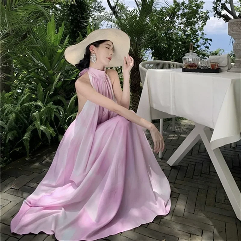 Fairy Holiday Style Halter Backless Party Dress Women Lolita Vacation Summer Sundress Bow Tie Grunge Midi Unique Clothes New