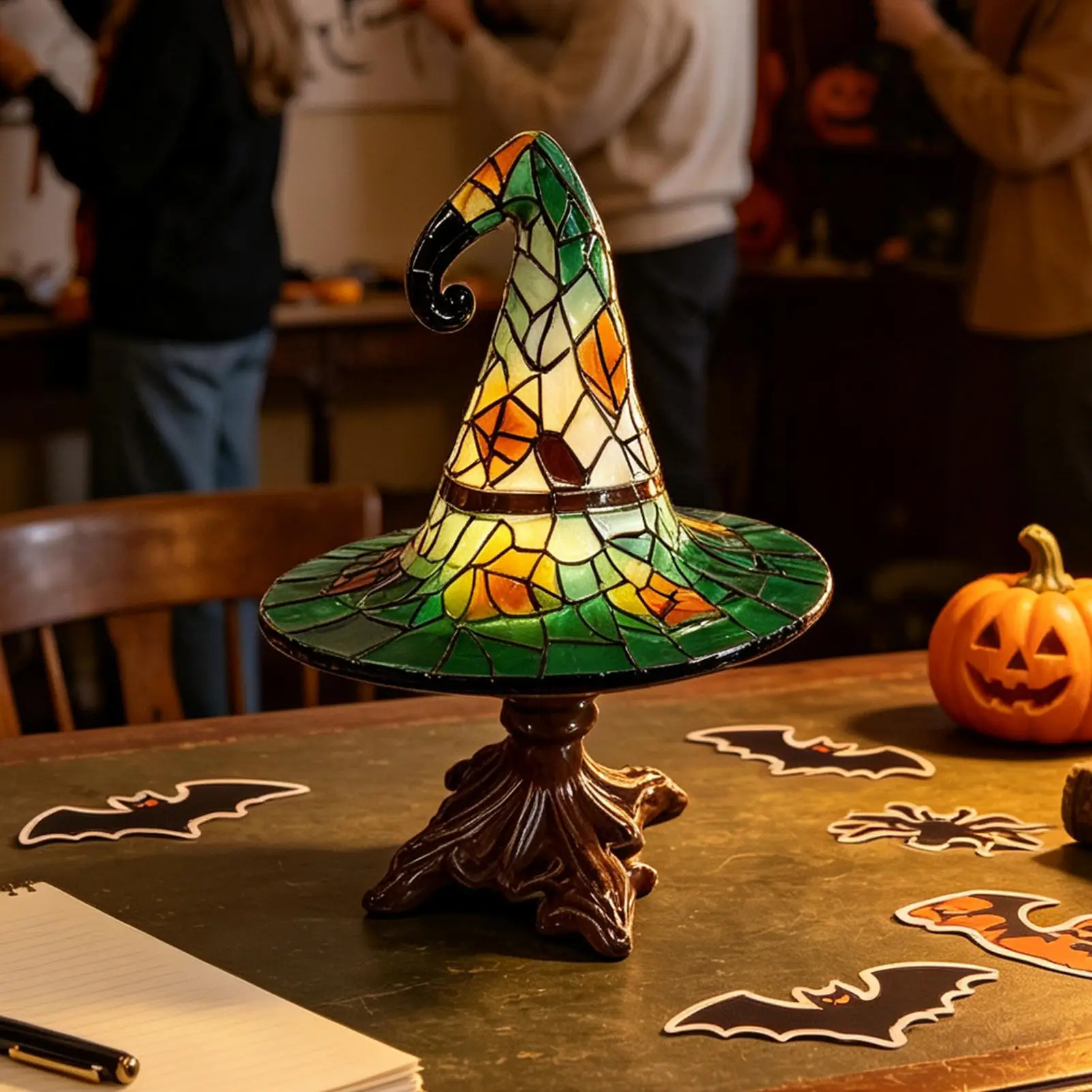 Halloween Witch Hat Lamp with Autumn Maple Leaves Resin Stained Glass Style Table Lamp for Home Office Dormitory Bar Decoration
