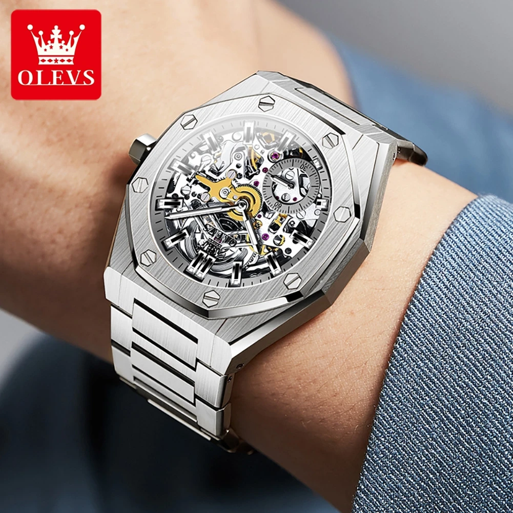 ساعات رجالية فاخرة من OLEVS مصنوعة من الفولاذ الناعم مفرغة ذاتية الملء دولاب الموازنة وحركة الياقوت ساعة يد ميكانيكية أوتوماتيكية 6669 #5