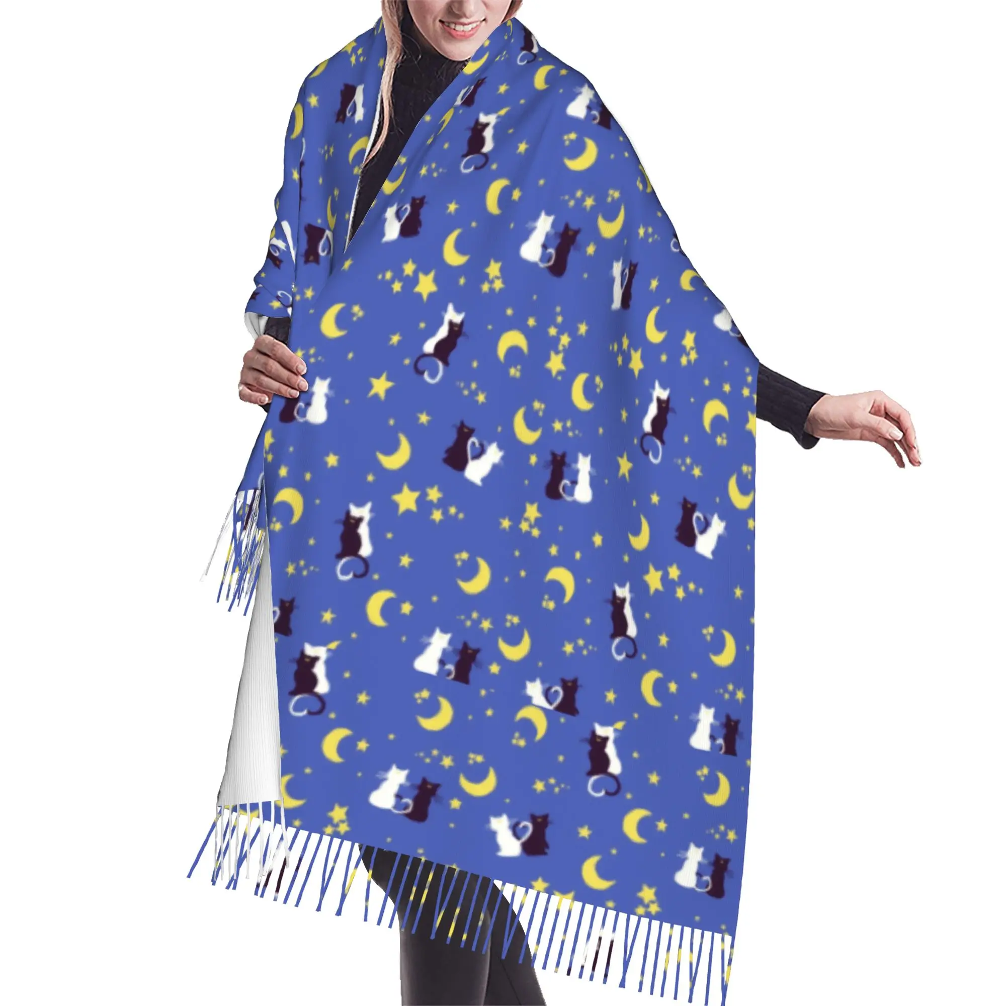 Custom Sailored Manga Anime Mooned Scarf Wrap for Women Long Winter Fall Warm Tassel Shawl Unisex Usagi Tsukino Luna Scarves