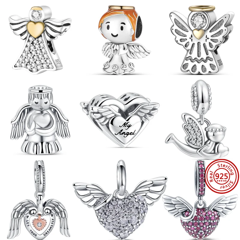 

New 925 Sterling Silver My Angel Aperture Wings Heart Shiny Beads Fit Original Pandora Charms Bracelet Women Jewelry Anniversary