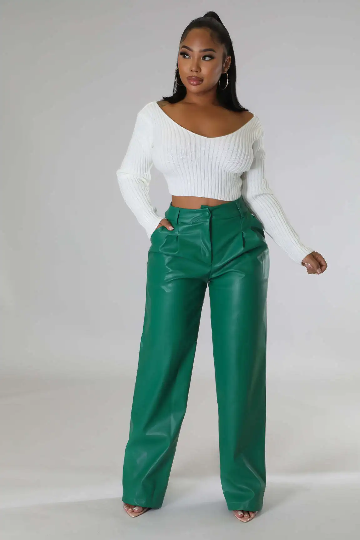 Women Pants Spring Fall Casual High Waist Pockets Straight Pu Trousers Lady Streetwear Solid Color Loose Leather Wide Leg Pants