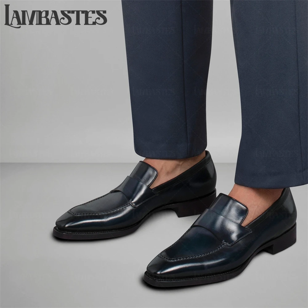 Ombre Blue Gradient Leather Mens Loafers Braided Stitch Trim Slip on Formal Dress Shoes Blue Black Polished PU Leather Loafers