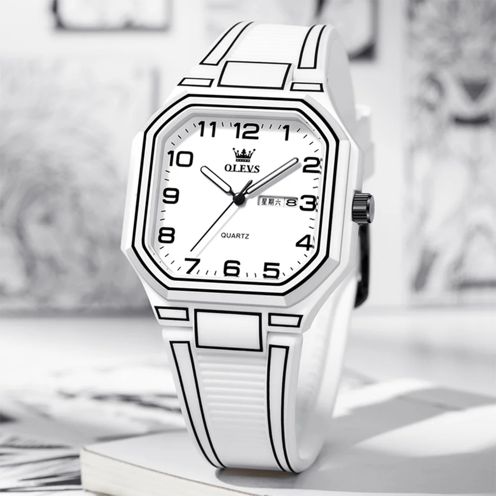 OLEVS Comic Style Men Watch White Lines Silicone Strap Luxury Brand Original Quartz Watch for Men Auto Date Waterproof