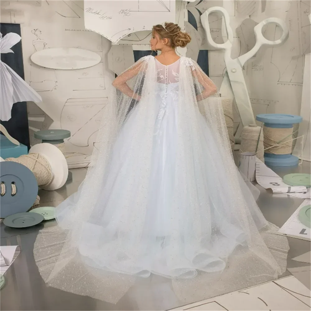 

White Tulle Flower Girl Dresses Lace Applique Wedding Princess First Eucharist Birthday Party Dress Kid Pasmaak Gift