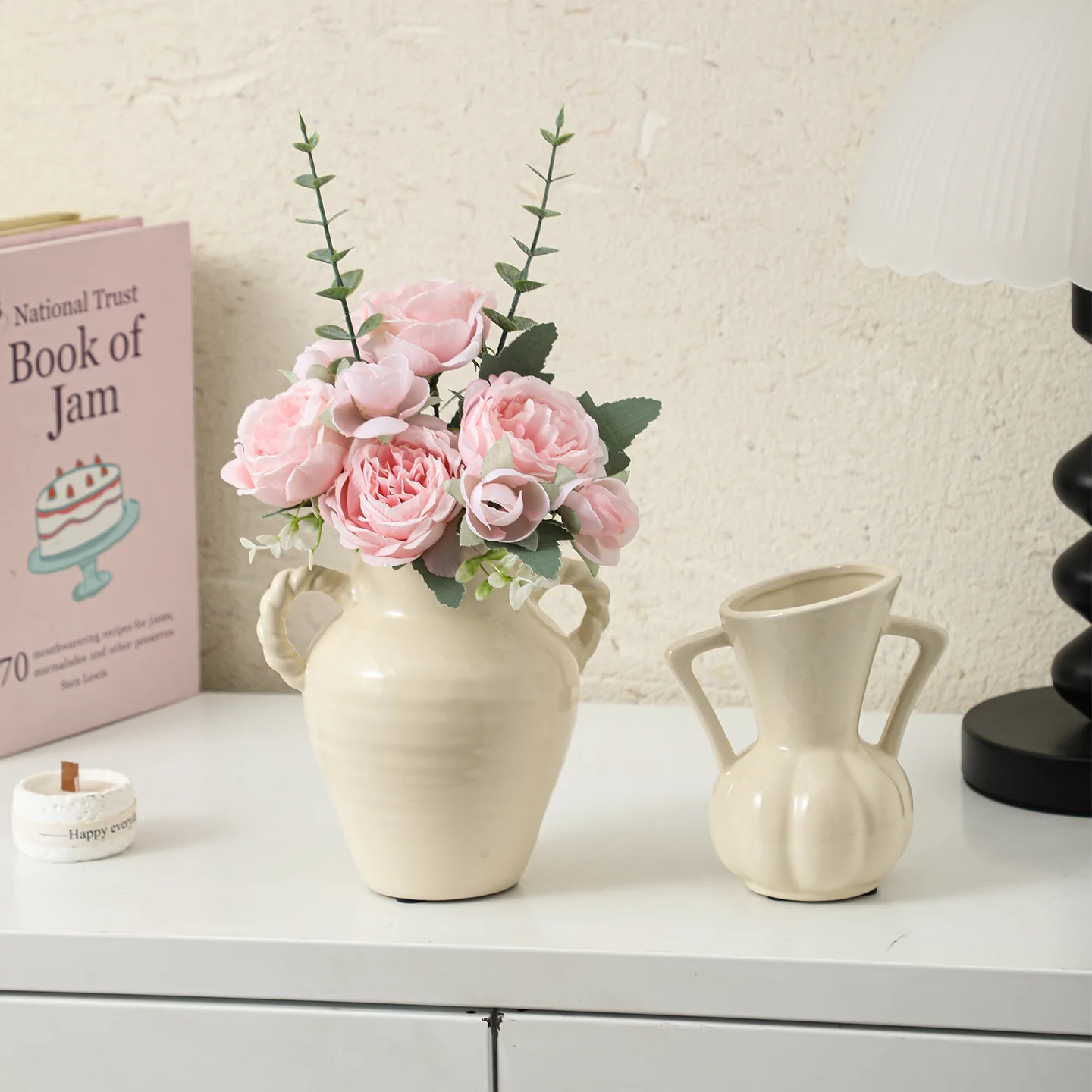 Cream White Double-handle Ceramic Vase Retro European-style Double-ear Vase Bright Ceramic Vase Dried Flower Desktop Ornaments