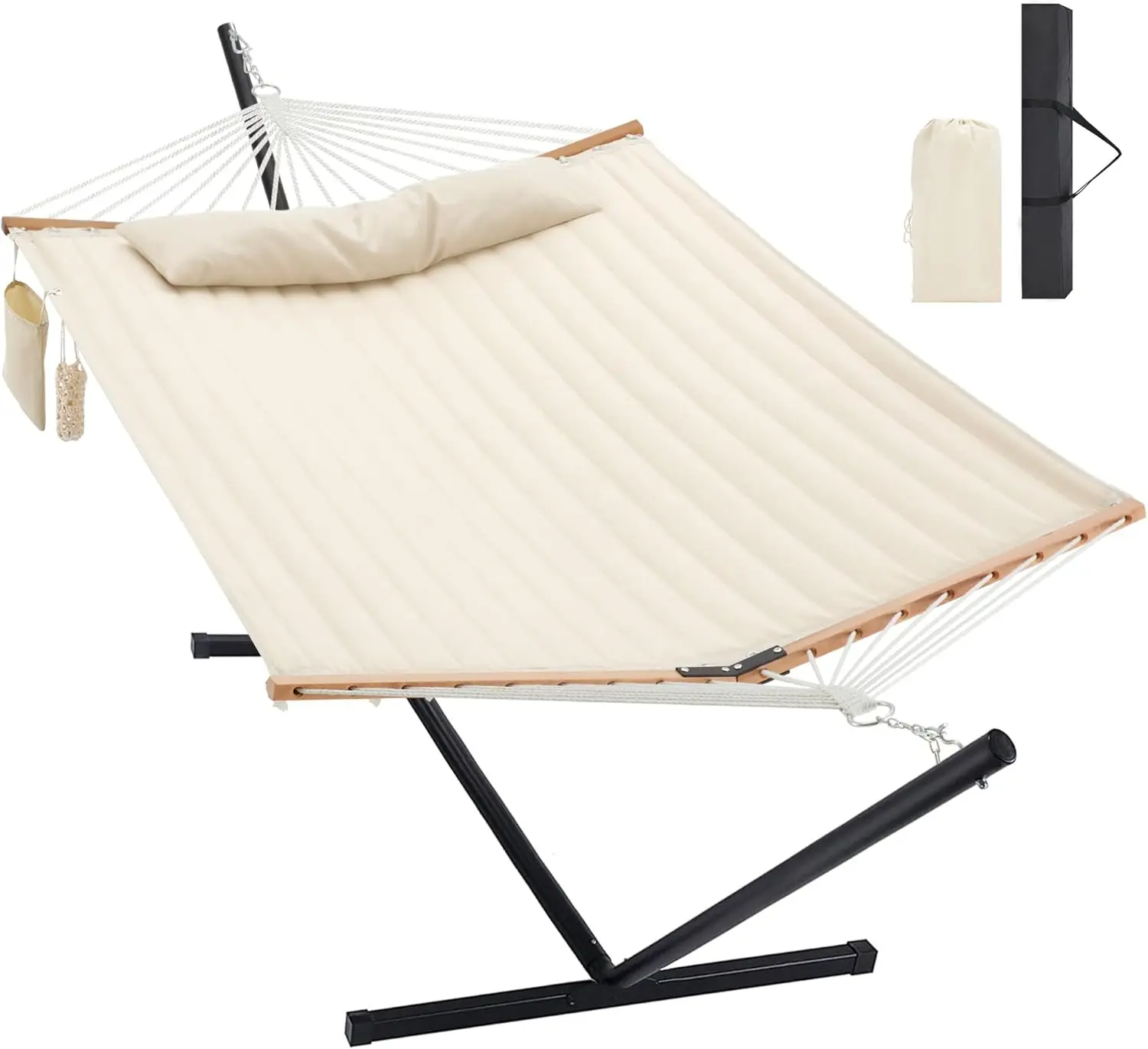 Outdoor Two-Person Heavy Duty Hammock with Portable Steel Stand, 480lbs Capacity, Off White
