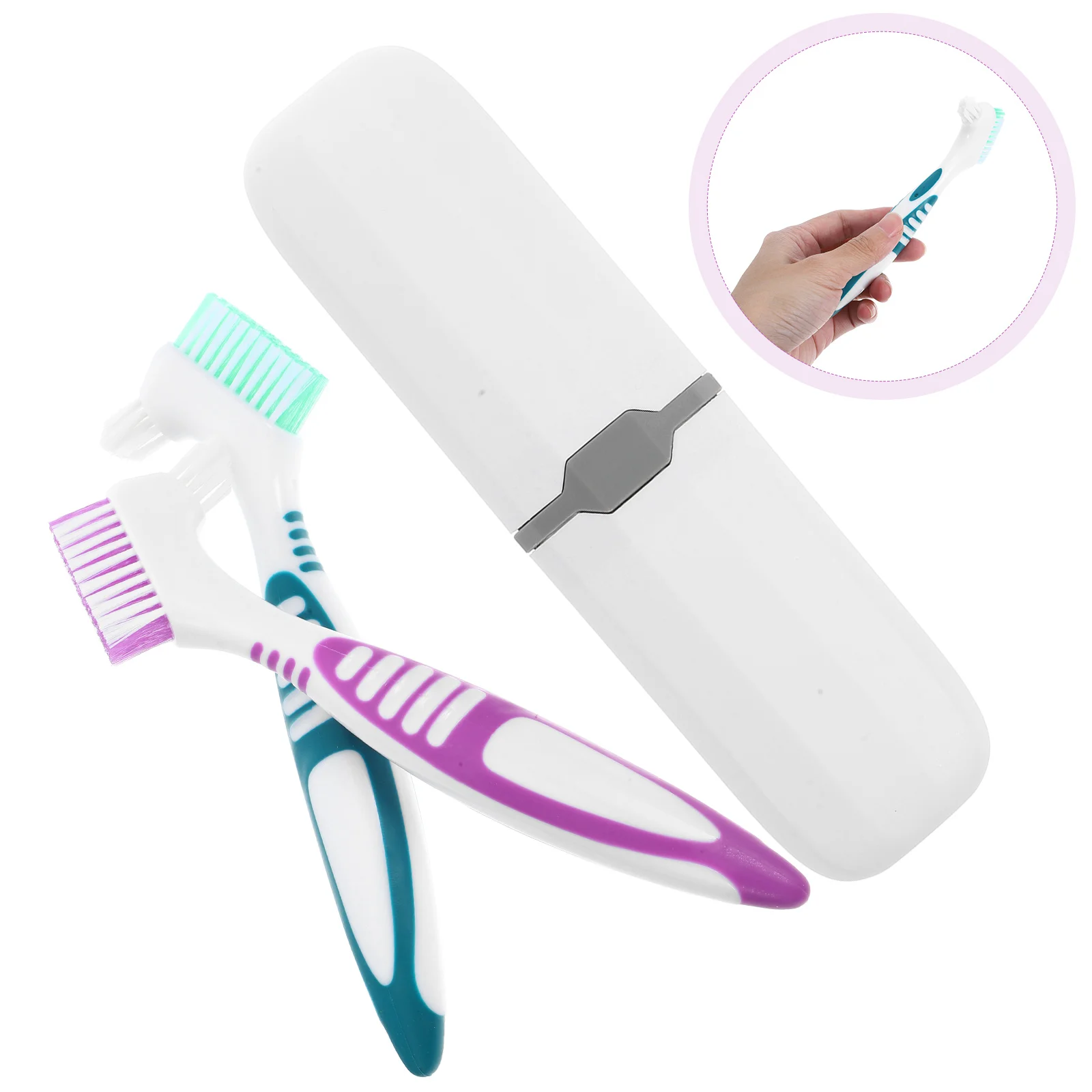 

2set Dual-Head Hard Bristle Teeth Brush Set Compact Travel Oral Care Plaque Removal Cleaner With Storage Case For Home Senior