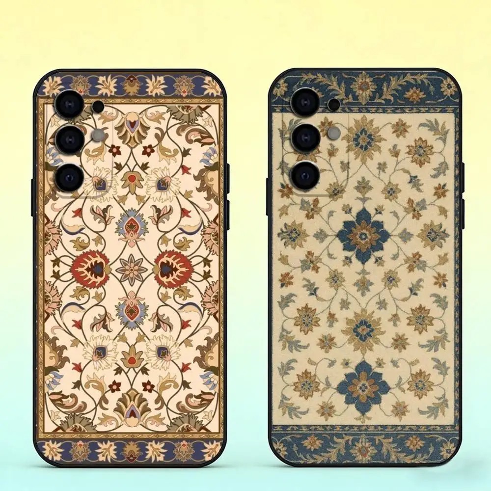 Persian Carpet Floral Pattern Phone Case Black Silicone Soft For Samsung S25,S24,S21,S22,S23,S30,Ultra,S20,Plus,Fe,Lite