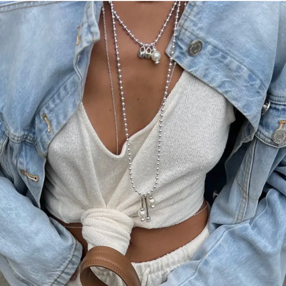 Retro Water Drop Imitation Pearl Heart Cross Pendant Necklace 2026 Simple Multi Layer Metal Round Beads Girls Fashion Jewelry