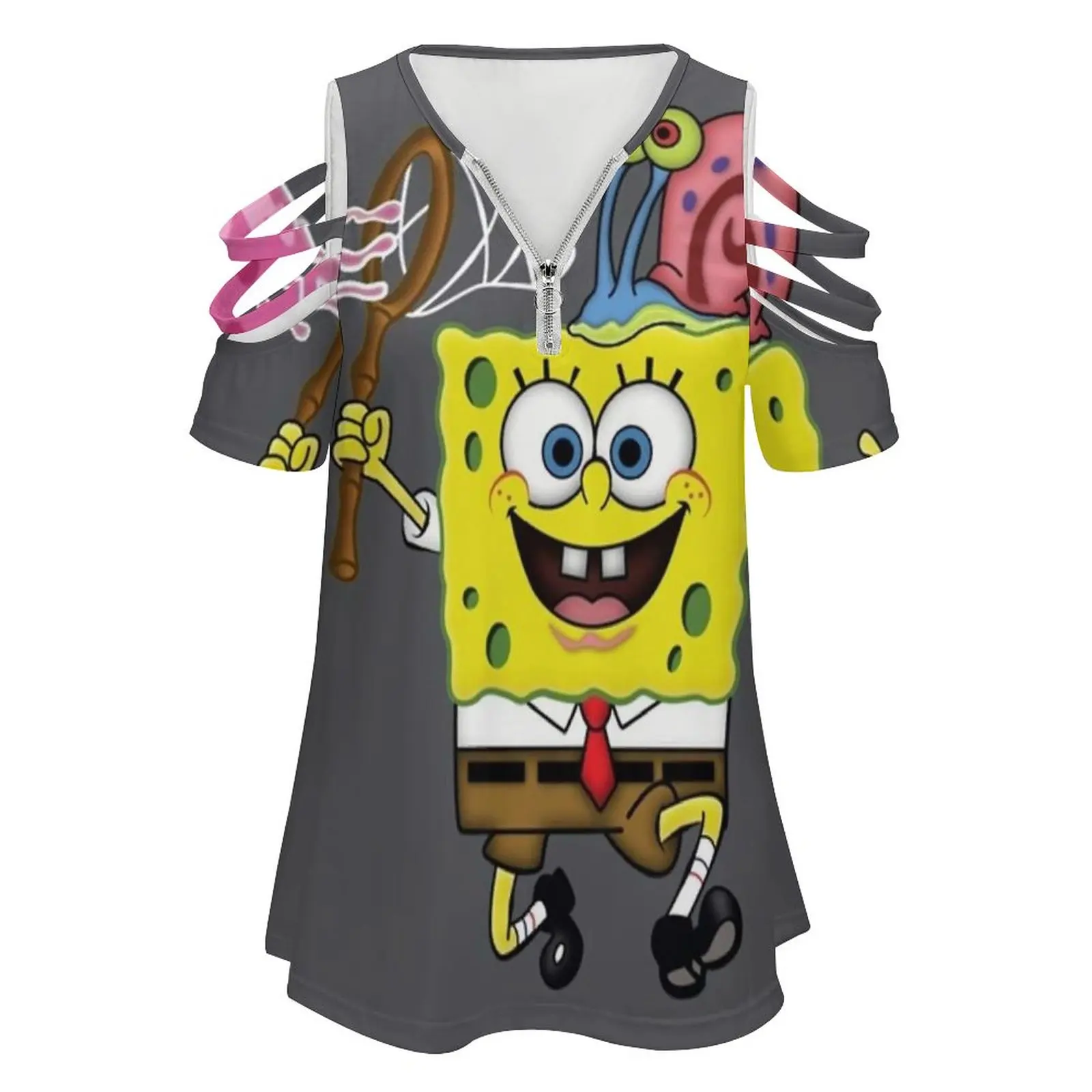 Women's T-Shirt Summer Fashion Print Floral V-Neck Zipper Tshirt Hollow Pullover Ladies Top Sponge Patrick Sandy Mr Krabs