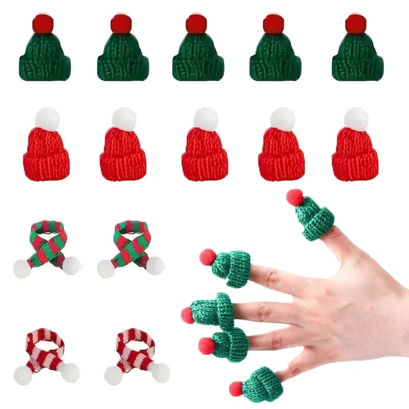 10–100 Stück Mini-Weihnachtsmütze und Schal-Set, rot, grün, festliche Farben, Garn-Pom-Dekoration für Ornamente oder Urlaubskostüme