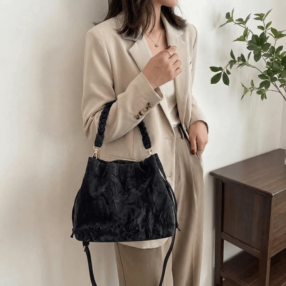 Casual PU Drawstring Bucket Bag Woven Top Handle Textured Fabric Crossbody Bag Removable Strap Lightweight Handbag Daily Use