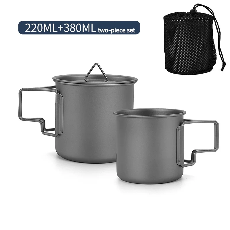 Taza de camping de titanio con asa plegable, ligera y portátil, juego de utensilios de cocina para exteriores, ideal para senderismo y viajes.