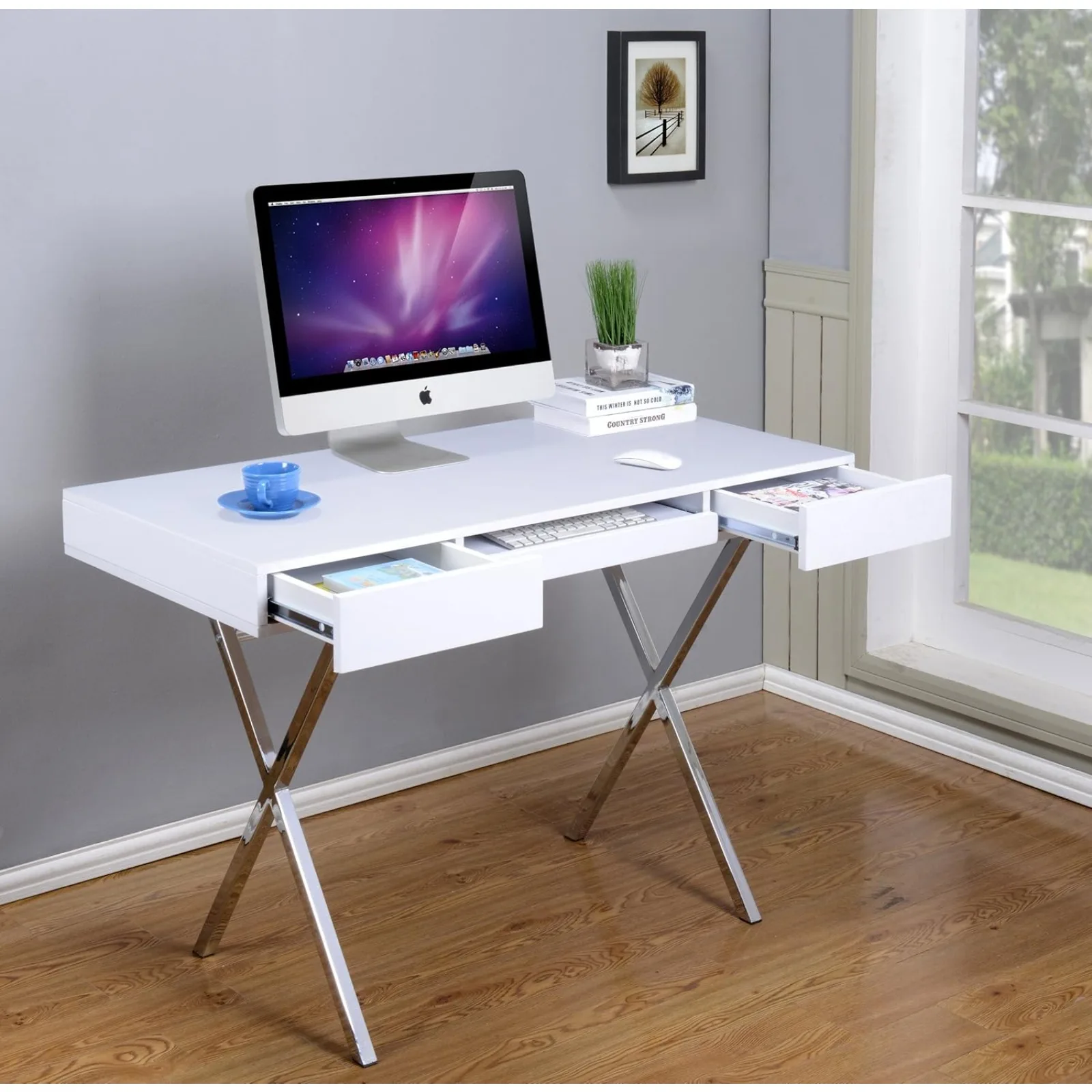 

US Kings Brand Contemporary Style White with Chrome Finish Legs Home & Office Desk