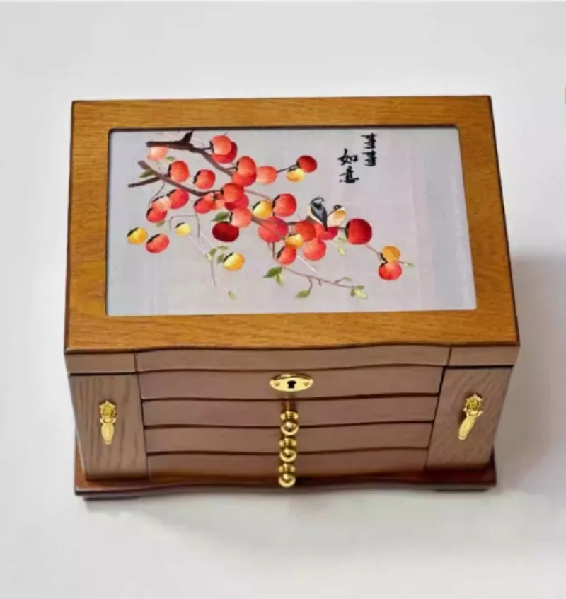 Support custom DIY handmade double-sided embroidered storage box with lock wooden jewelry box