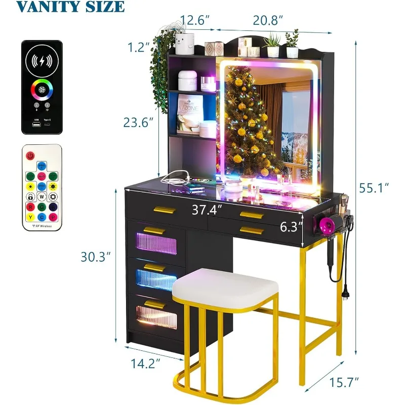 Vanity Desk with Mirror and Lights, RGB LED, Charging Station, 7 Dynamic and 24 Static Dimmable, Sensor Lights Dressing Table image 3