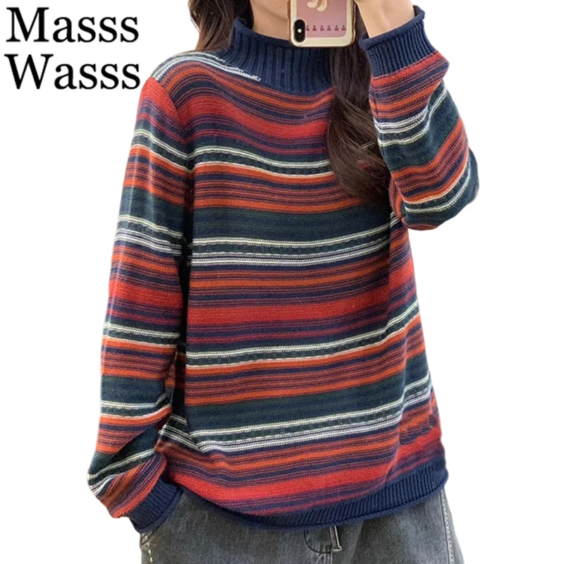 

Mass Wasss японские зимние джемперы женские полосатые модные свитера с воротником женские свободные повседневные винтажные классические теплые пуловеры